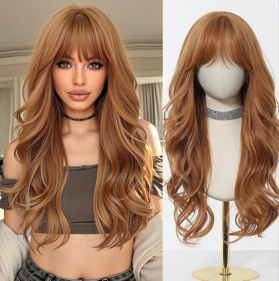 Esmee Long Wavy Strawberry Blonde with Fringe Wigs for Women Natural Synthetic Heat Resistant Hair Curly Wig for Party Daily Use