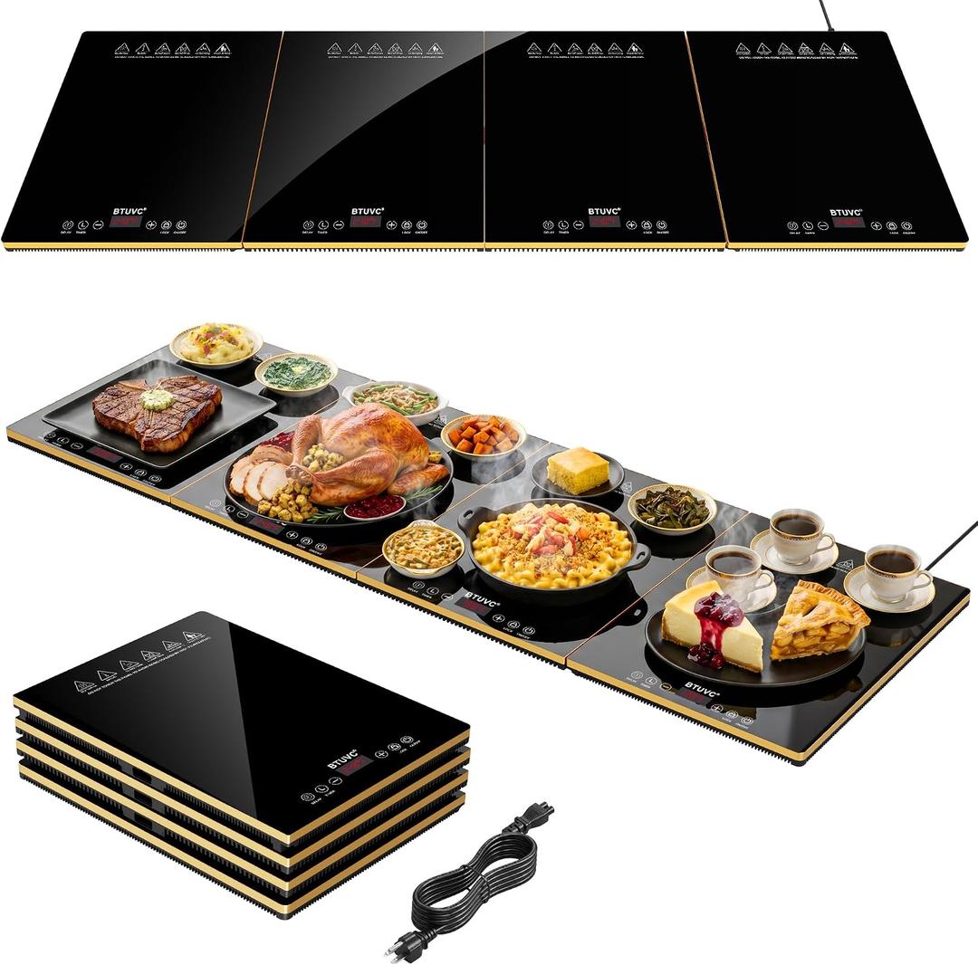 Electric Food Warming Tray for Parties & Buffets, 4-in-1 Modular Food Warmer with 4-Zone Independent Temp Control, 47" × 16" Glass Warming Mat for Holiday Gatherings, Catering & Family Dinners