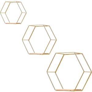 Gold Floating Wall Shelves Set of 3,Metal Hexagon Shelving Geometric Wall Mounted Design for Living Room, Bedroom, Kitchen & Office Decor, Easy Install Modern Display Shelves with Golden Finish