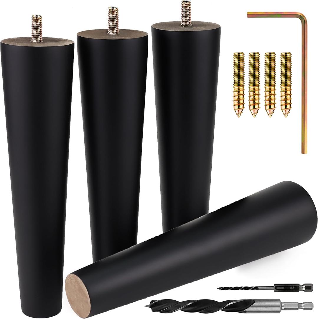 Black Round Furniture Legs - Premium Mid Century Legs for Sofa, Chair, Table, Dresser, Bed, Cabinet, Ottoman - Our Wooden Legs Are Easy To Install & Include Installation Hardware - Set of 4, 8 Inches