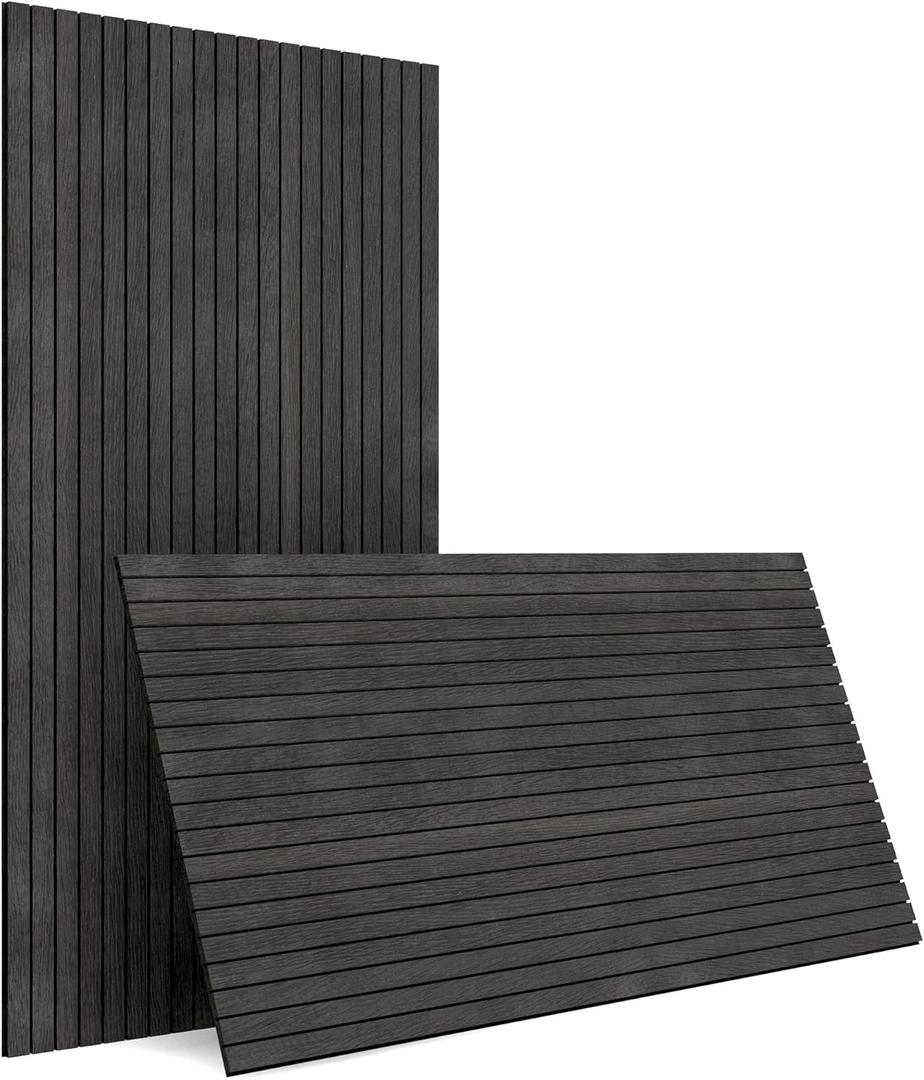 4-Piece Wood Slat Wall Panel for Interior Wall Decor Noise Cancelling 47.2" x 23.6" Peel and Stick Acoustic Decorative 3D Sound Absorbing Wall Paneling, Black Grey
