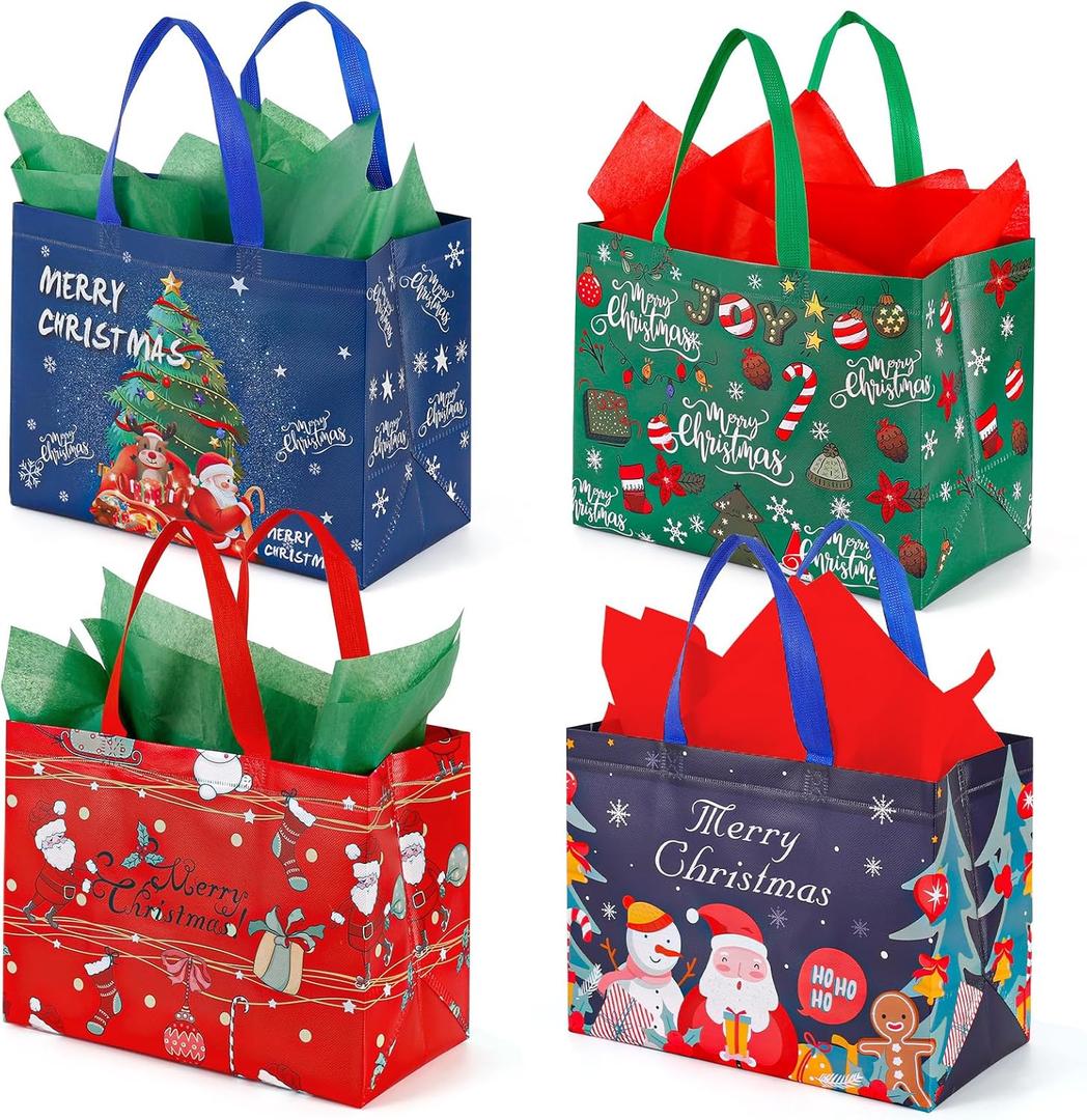 YANGTE 12 Pack 13" Large Christmas Gift Bags with Tissue Paper, Reusable Non-Woven Christmas Bag with Handles for Presents Wrapping, Shopping Xmas Party Supplies