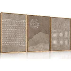 Large Mid Century Tan and Beige Framed Canvas Wall Art,Neutral Lines Dots Wall Decor,Abstract Sunset and Mountain Artwork,Boho Textured Shapes Art Print for Living Room,Bedroom,Office-16"x24"x3