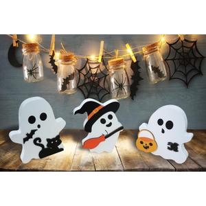 2 x 3pcs Cute Ghost Halloween Indoor Decoration, Wooden Layered Tray Countertop Sign, Suitable for Halloween Party Home Display