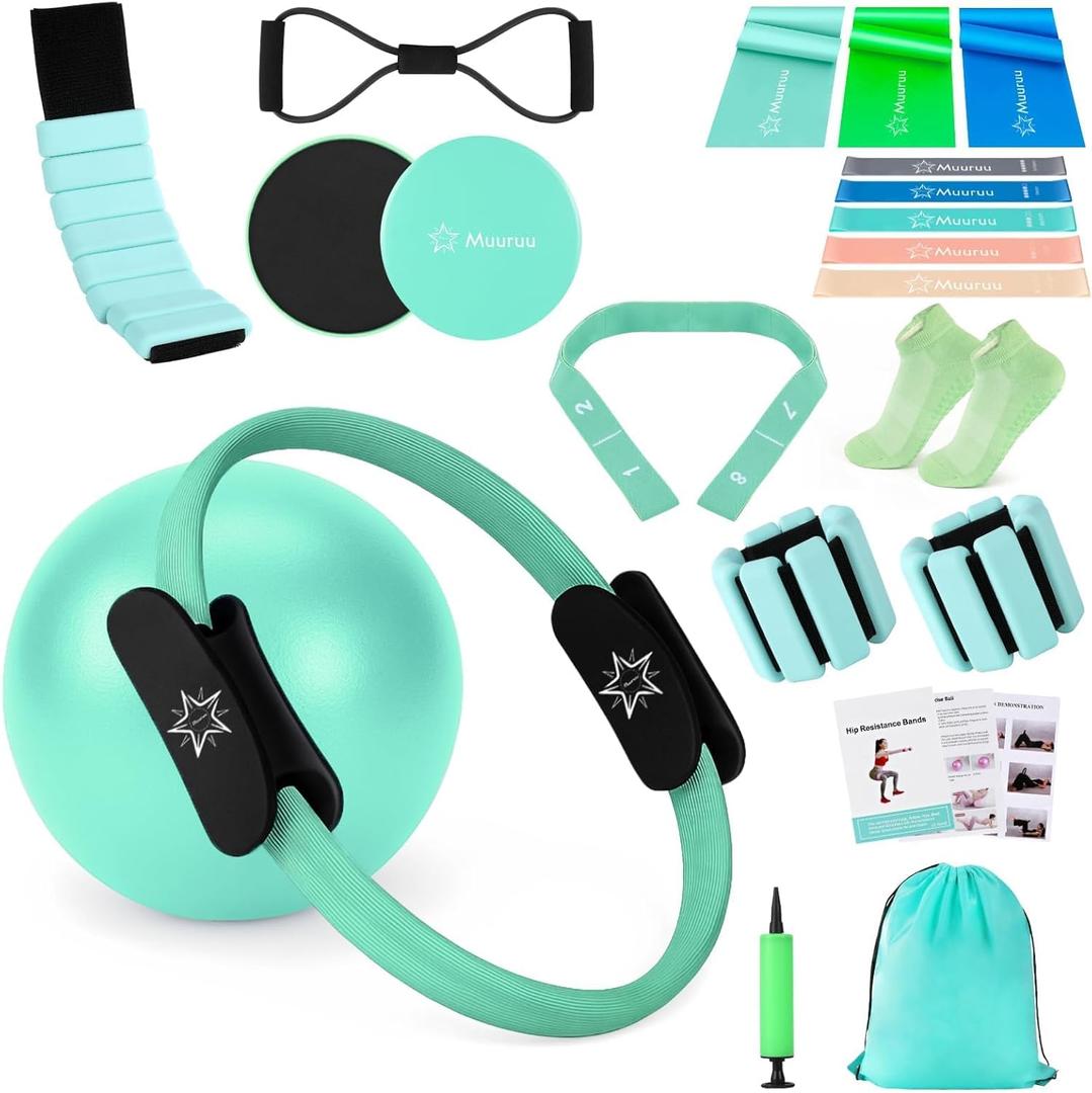 Pilates Equipment Kit for Home Workout, Pilates Ring and Ball Set for Women, 14'' Magic Circle Essentials Accessories Kit, Wrist Weights, Resistance Bands, Yoga Strap, Socks, Bag (Green)