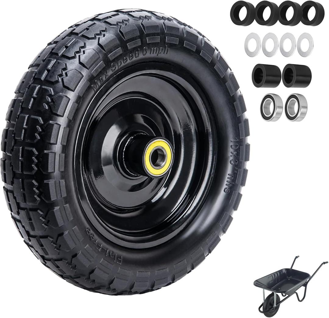 4.10/3.50-4 Tire and Wheel Flat Free 10" x 3" (1Pcs) Universal Solid Wheelbarrow Tire with 5/8" and 3/4" Bearings 2.17 Hub Centered, for 4.00-6, 3.50/2.50-8, Wheelbarrow Wheels