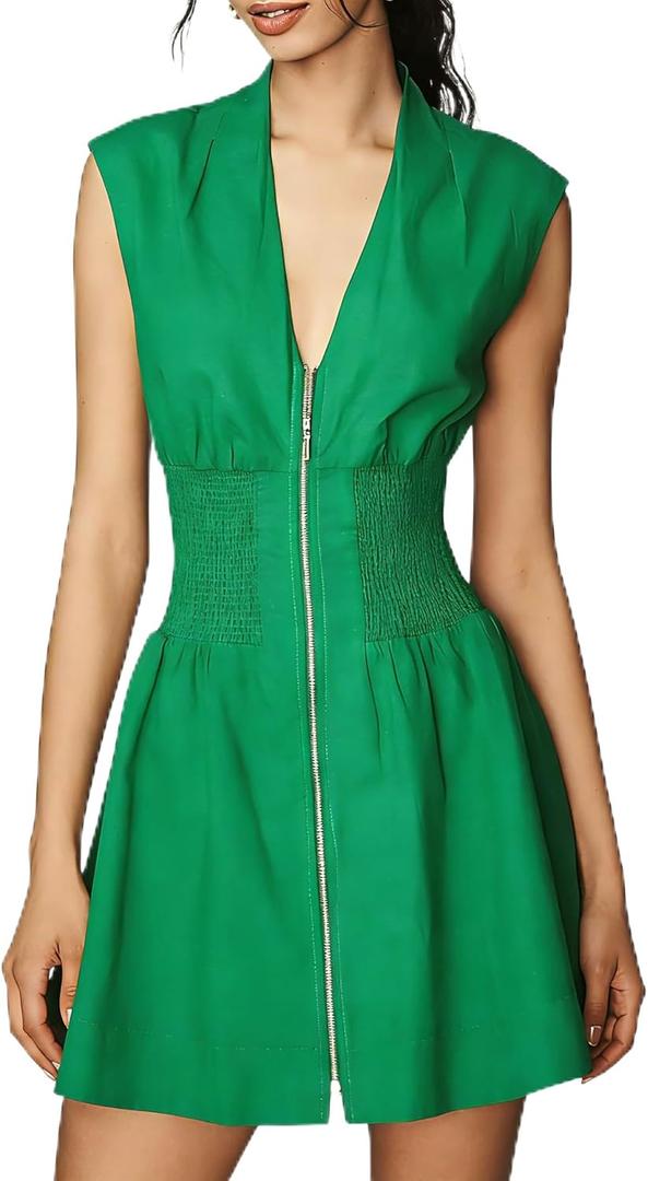 Womens V Neck Summer Dress Cap Sleeve Zipper Mini Dress Smocked Slit Dress with Pockets (Green, XS)