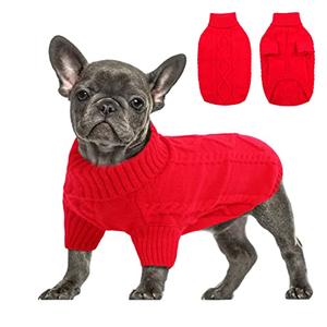 Queenmore Small Dog Pullover Sweater, Cold Weather Cable Knitwear, Classic Turtleneck Thick Warm Clothes for Chihuahua, Bulldog, Dachshund, Pug (Red, Small)