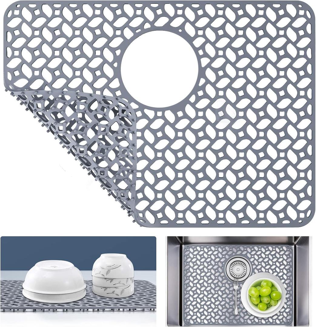 Silicone Sink Protector, Rear Drain Kitchen sink mat Grid Accessory, 1 PCS Grey Non-slip Heat Resistant sink mats for Bottom of Farmhouse Stainless Steel Porcelain Sink, Size: 16x29