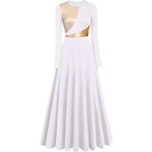Women Metallic Bi Color Liturgical Praise Dance Dress Long Sleeve Lyrical Dancewear Church Maxi Robe Worship Costume XL