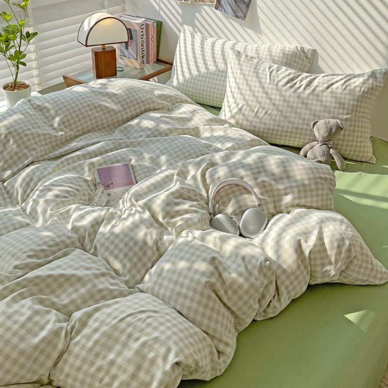 Kimko Green Buffalo Plaid Gingham Duvet Cover Set,Grid Checkered Bedding Set with Zipper Closure,Gentle,Soft,Home Cozy and Breathable 3Pcs:1 Duvet Cover+2 Pillowcase (# 013, Full-71''X87'')