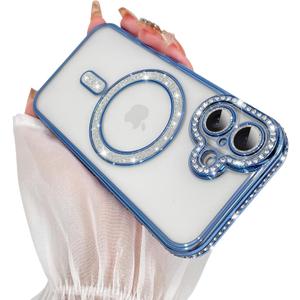 SAKUULO Magnetic Case for iPhone 17 6.3inch Clear Plating,Blue | Compatible with MagSafe,Glitter Sparkly Diamonds Rhinestone with Camera Protector Slim Shockproof Protective Women Girls
