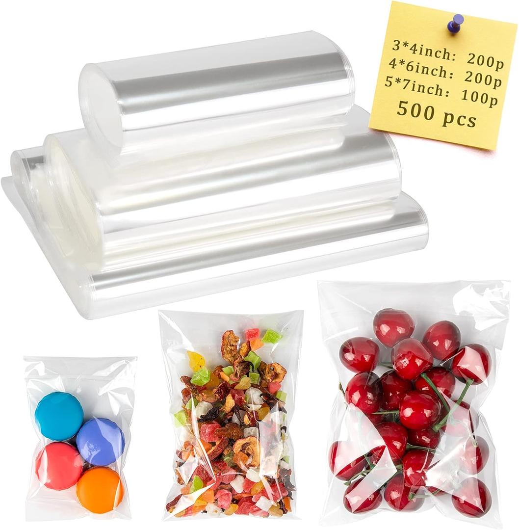 Labeol Cellophane Bags Self Sealing 500pcs Clear Resealable 3 Sizes 3x4 4x6 5x7 Cello Cookie Bags for Packaging Snack for Bakery Party Gift Candy Treat