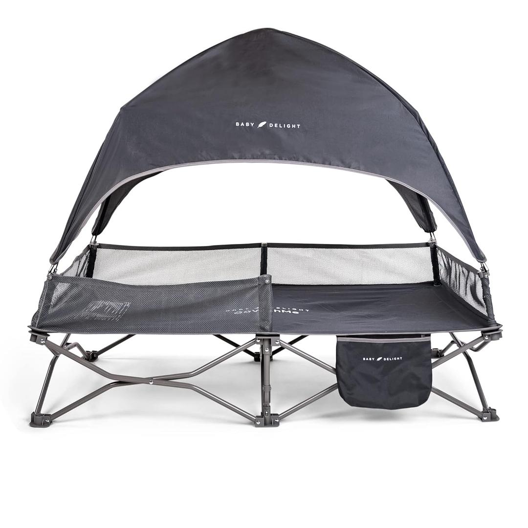 Baby Delight Go with Me Bungalow Deluxe Portable Cot | Toddler Travel Bed | Indoor and Outdoor | Sun Canopy | Grey