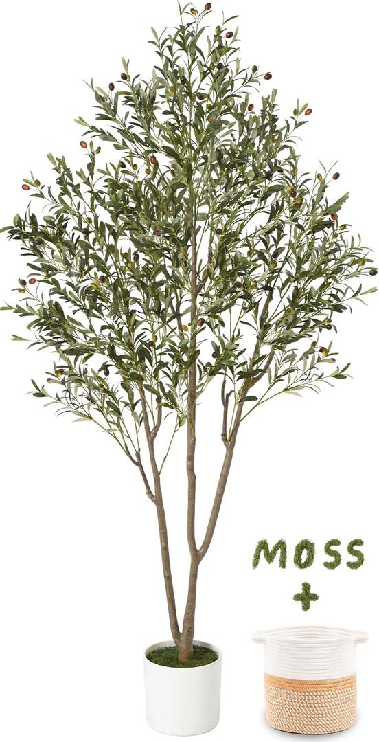 7FT Olive Trees Artificial Indoor with Planter&Basket, Tall Faux Olive Tree