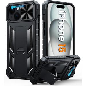 FNTCASE for iPhone 15 Protective Phone-Case: for iPhone 14/13 Military Grade Dropproof Phone Cover with Kickstand & Slide | Heavy Duty Rugged Phonecase Bumper Textured (Black)