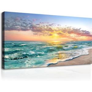 Beach Ocean Wall Art Pictures for Living Room - Canvas Print Wall Art Beach Sunset Ocean Waves Nature Pictures Framed for Bedroom Farmhouse Office Wall Dcoration Teal Blue 40"x20"