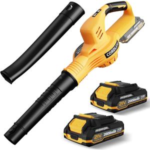 Leaf Blower Cordless with 2 Batteries and Charger, 21V Electric Leaf Blower with 2 Speed Modes, 2.0Ah Lightweight Battery Powered Blowers for Lawn Care, Patio, Blowing Leaves (Yellow)