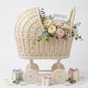 Wicker Baby Carriage Wicker Stroller for Baby Shower Vintage Woven Rattan Flower Basket Decorative Cart Storage with Handle for Floral Arrangement Wedding Photo Props(Cream,20 in)