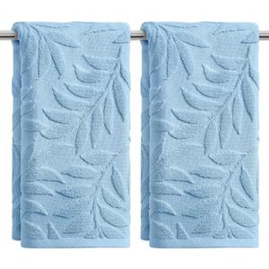 Artoid Mode 2 Pcs Light Blue 3D Leaves Jacquard Hand Towels for Bathroom, 100% Cotton Soft Absorbent Bathroom Decor Towels, 13.7 x 29.5 Inch
