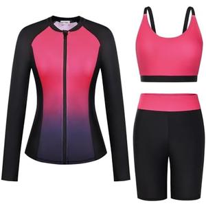 GRACE KARIN Women's 3 Piece Rash Guard Built-in Bra Long Sleeve UV Sun Protection Swimsuit Zip up Swim Top Shirt Modest, Size Large