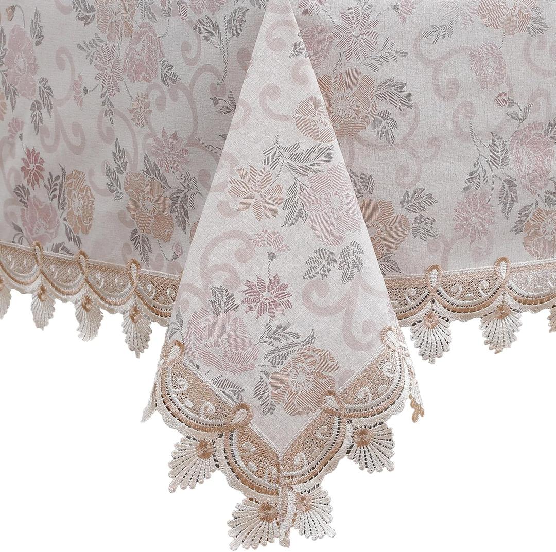 Walrus Heavy Duty Vinyl Tablecloth Elegant Floral Lace-Trimmed Tablecloth Vintage Flower Pattern, Waterproof Oil-Proof Plastic Table Cloth Stain-Resistant Wipeable (Floral Vintage, 60X102 Inch)