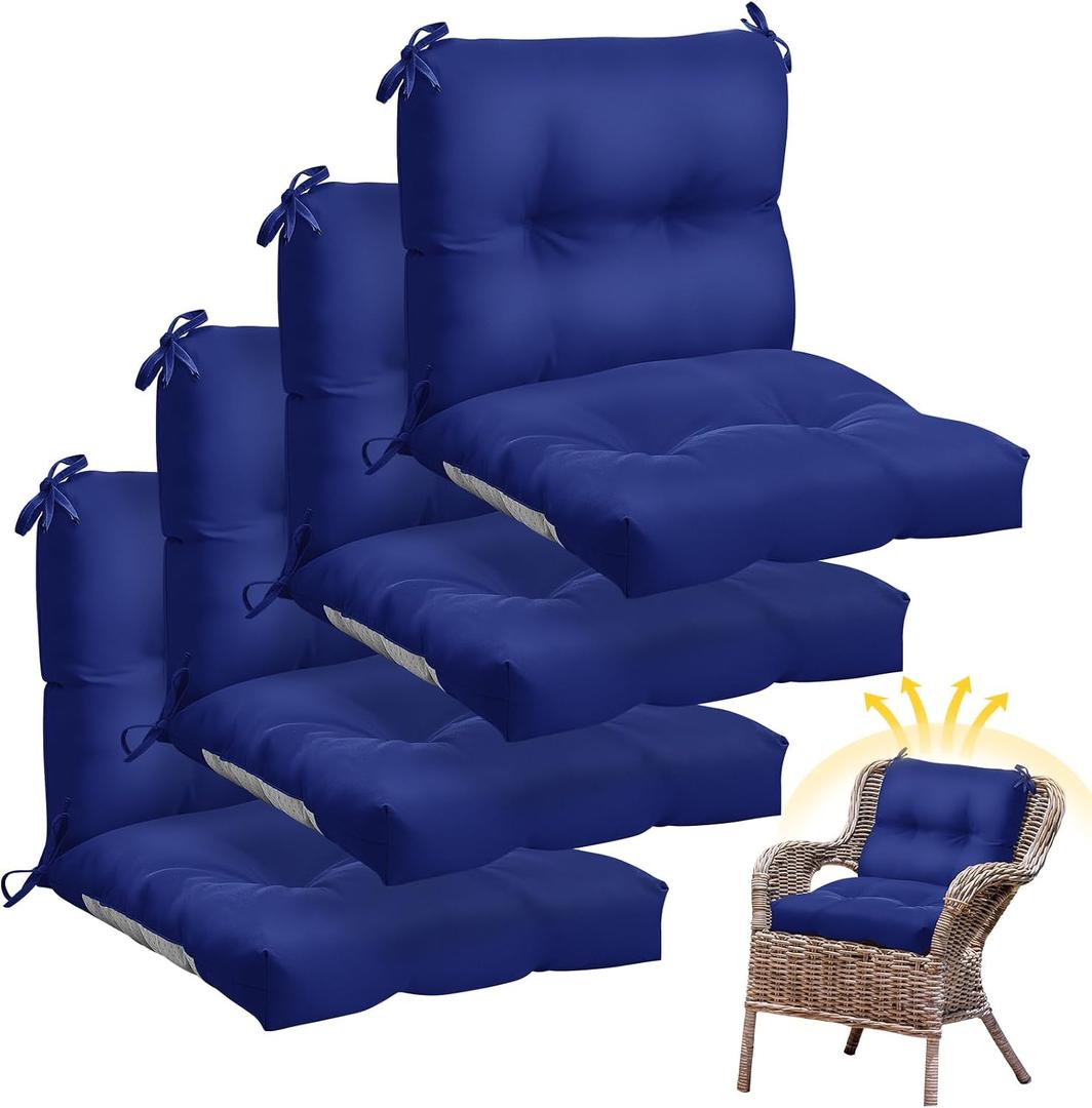 Geetery Outdoor Chair Cushions Set of 4 High Back Patio Furniture Replacement Seat Pads with Ties 42x21x4 for Lawn Porch Wicker Rocking Dining Chairs Weather Resistant Fade Resistant(Navy Blue)