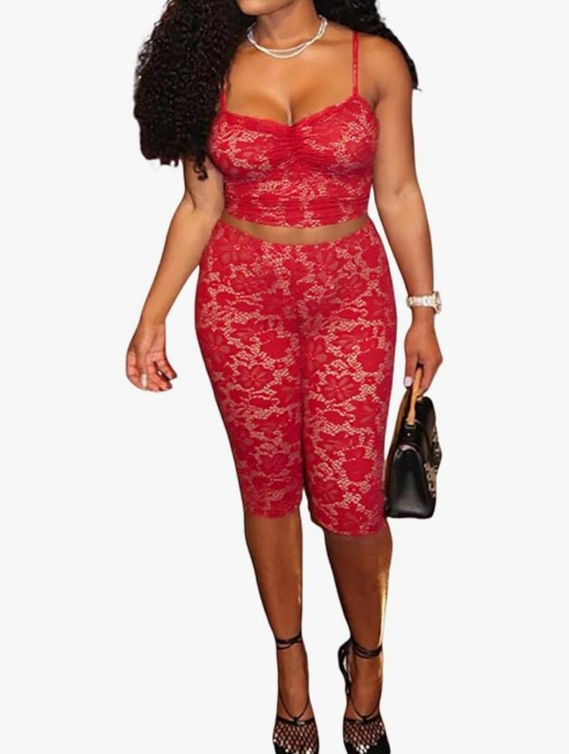Womens Sexy Lace 2 Piece Set Sleeveless Tank Top and Capri Pants Mesh Bodycon Two Piece Outfits Club Matching Set, L