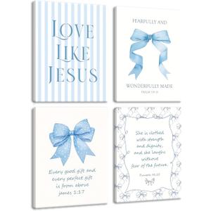 Light Blue Bow Christian Wall Art for Girls Dorm Coquette Aesthetic Scripture Canvas Prints, Christian Wall Decor for Teen Room, or Bathroom Framed Cute Spiritual Decor 16x24 inch