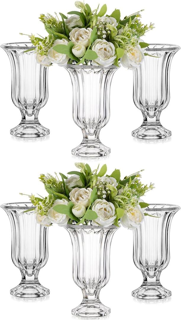 Glasseam Crystal Vases for Flowers, 7.5in Tall Vase Set of 6, Clear Glass Compote Vases and Ribbed Pedestal Bowls for Living Room Decorations Dining Table Home Decor
