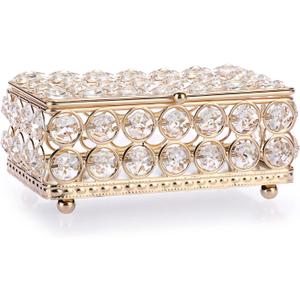ELLDOO Crystal Jewelry Box Rectangle Trinket Organizer Earrings Rings Box Treasure Box Home Decor Accent Decorative Box with Lid for Valentine Wedding Christmas Birthday Gift, Gold, Small