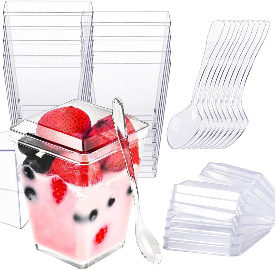 50 Pack 5oz Square Dessert Cups with Lids and Spoons,Reusable Clear Plastic Parfait Cups,Mini Serving Shooter Appetizer Cups, Dessert Shot Glasses for Tasting (50)