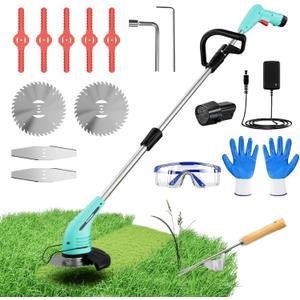 Cordless Lawn Trimmer Weed Wacker - HooSeen 12V Grass Trimmer Weed Cutter with 3 Types Blades, Hand Weeder, 2.0Ah Li-ion Battery Powered Weed Trimmer Grass Cutter for Garden and Yard (Blue)