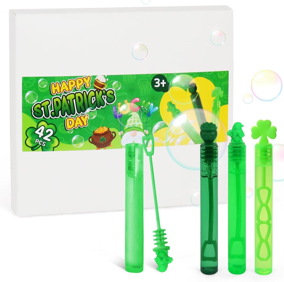 42Pcs St Patricks Day Bubble Wands, Mini Bubble Wands for Saint Paddy Day Party Favors, Irish Green Gift Toys for Girls Boys Kids Toddler Adults, Party Bag Stuffers Goodie Bag Filler, Classroom Prizes
