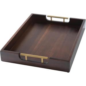 Joy&Grace Ottoman Tray for Living Room 16.7 x 12.8 inch Large Acacia Wooden Serving Tray with Handles for Coffee Table, Breakfast in Bed, Food Dinner, Decorative Rectangular Tray (Dark Brown)