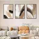 Large Neutral Abstract Wall Art Set of 3 Framed Canvas Prints, 24x36 Inch Modern Beige Black Abstract Paintings with Gold Accents, Minimalist Wall Decor for Living Room Bedroom Dining Room, Metal Frame Ready to Hang