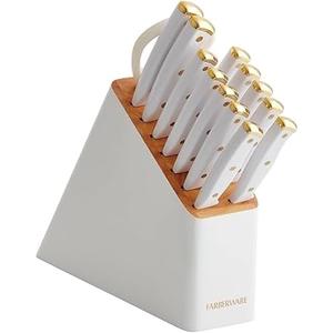 Farberware 14-Piece Knife Block Set, White and Gold  Razor-Sharp, High-Carbon Stainless Steel, Triple-Riveted, Ergonomic Handles, Stylish Wood Block