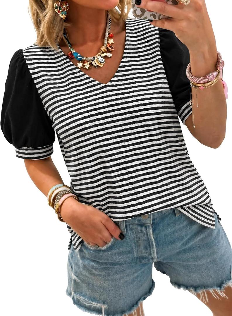 Tankaneo Womens Puff Sleeve Striped T-Shirts Summer V Neck Color Block Tops | Trendy Casual, Loose Fit Blouses, Basic Tees, Tunic Tops (M)