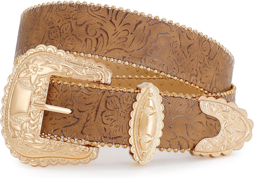Floral Print Western Belts for Women Cowgirl Cowboy Country Leather Belt Fashion Vintage Belt for Jeans (Fit Waist Size 33"-39", 01-brown)