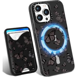 Toycamp for iPhone 13 Pro Case - Compatible with Magsafe Credit Card Holder Wallet Magnetic Cute Women Teen Girls Kawaii Girly Unique Black Butterfly Design Phone Cover for iPhone 13 Pro