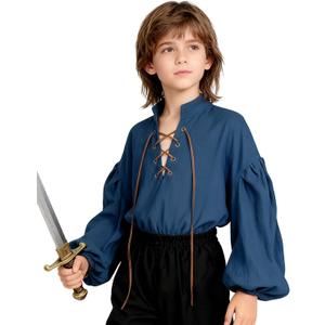 L'VOW Medieval Boys Shirt Renaissance Kids Lace-up Pirate Shirts Retro Viking Colonial Costume Top (6-8 Years)