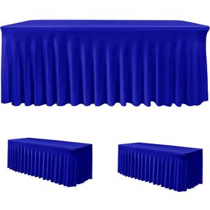 HolidayIdeas Royal Blue 8ft Rectangle Spandex Tablecloth 2 Pack Fitted Stretch Table Skirts 30x96 Inch, Ruffle Design Wrinkle-Free Polyester Table Cover for Banquets,Trade Shows, Parties, Events