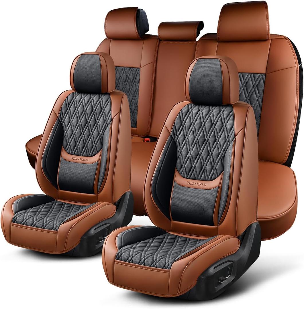 Car Seat Covers Full Set, Breathable Leather Automotive Front and Rear Seat Covers, Car Seat Protectors Full Set,Universal Automotive Vehicle Seat Cover for Most Sedan SUV Pick-up Trucks, Brown&Black