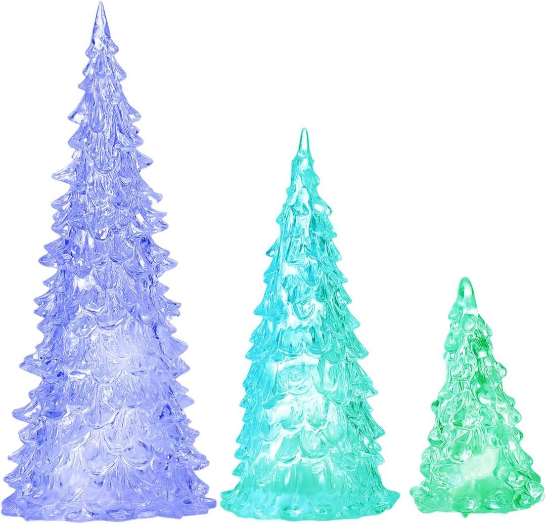 BESPORTBLE 3pcs Acrylic Led Christmas Trees Set with Colorful Glowing Lights Battery Operated Tabletop Holiday Decor for Home Party White