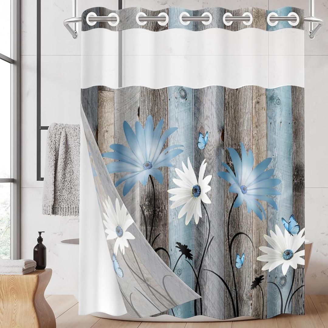 No Hook Rustic Farmhouse Shower Curtain with Snap in Fabric Liner Set, Blue Daisy Flowers and Butterfly on Wooden Double Layers Waterproof with See Through Top Bath Curtain 71x74 Inch