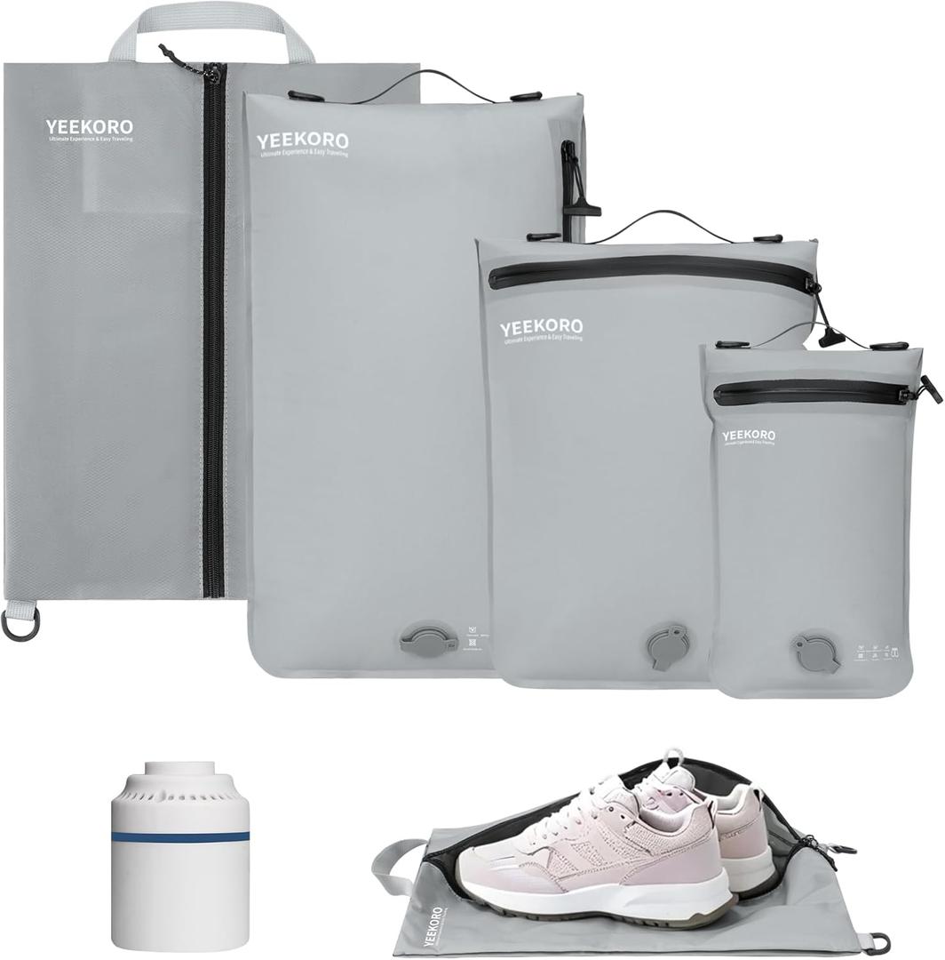 4 Set Vacuum Bags for Travel, Professional Reusable Organizer Bag with IPX8 Waterproof Zipper, Compression Bag for Suitcases, Durable Seal Space Saver Bags (with pump) (Grey)