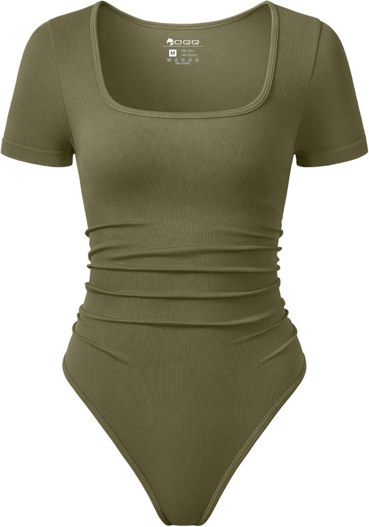 OQQ Women Bodysuits Ruched Short Sleeve Square Neck Stretch Lounge Travel Bodysuits (Large, Sauerkraut)