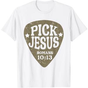Guitar Pick Jesus Christian Music Guitarist Pastor Retro T-Shirt (White, L)