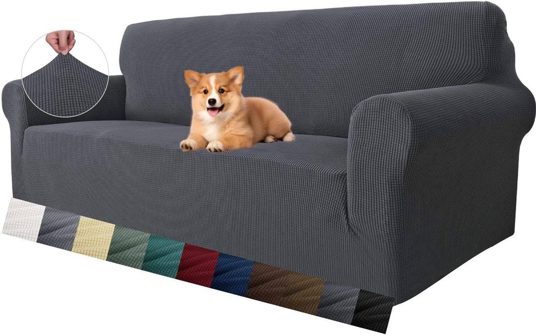 MAXIJIN Super Stretch Couch Cover for 3 Cushion Couch, 1-Piece Universal Sofa Covers Living Room Jacquard Spandex Furniture Protector Dogs Pet Friendly Fitted (Large, Gray)