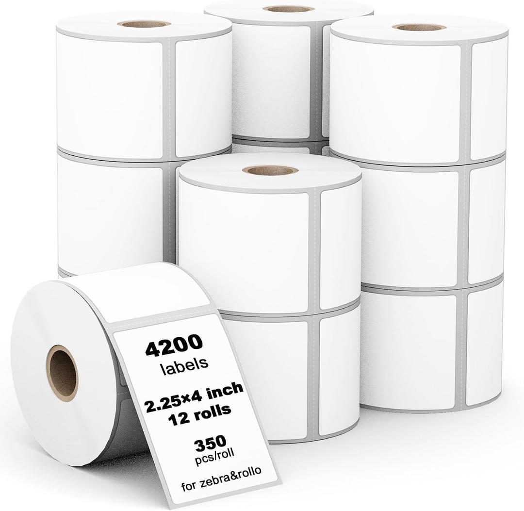 (4200 Labels/12 Rolls) Labelebal 12 Rolls 2-1/4" x 4" Direct Thermal Label (57mm x 101mm) Multipurpose Shipping Address Mailing Barcodes Labels Compatible for Zebra 2844 & Rollo Desktop Label Printer